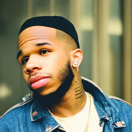 Prompt: a 1980s film still of Tory Lanez, 40mm lens, shallow depth of field, split lighting