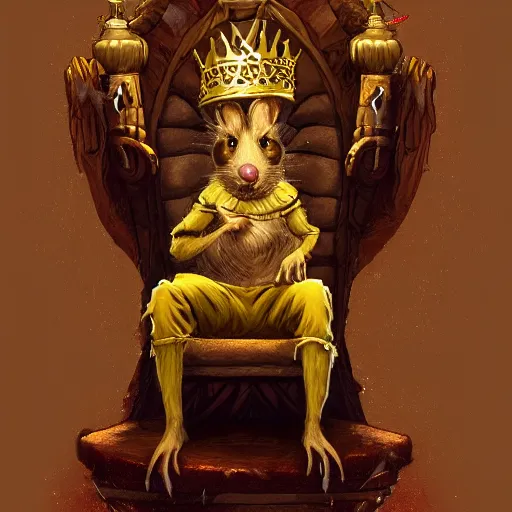 Image similar to a sewer rat wearing a golden crown, on a throne's seat, prize winning, trending on artstation, fantasy illustration, warm tones, comedic, digital art