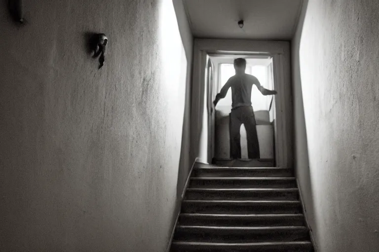 Image similar to the ghost of a man standing at the bottom of stairs in a house at night