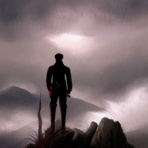 Prompt: dark-skinned man standing tall on a cliff fog clouds clothed in military uniform holding sword in the style of CASPAR DAVID FRIEDRICH techno atmosphere colourful beautiful image, brush strokes, pastel, artstation deviantart acrylic