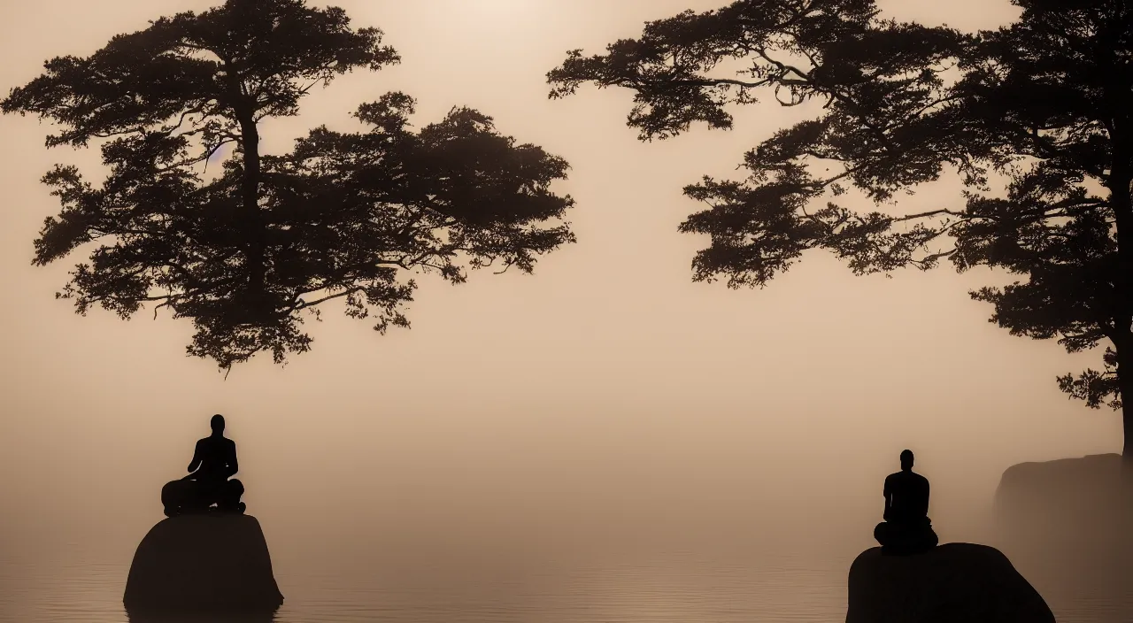 Image similar to a lonely silhouette of a meditating monk sitting in the fog on a stone protruding from the water in the rays of the morning sun, the focus of the camera on the monk, matthew snowden style.