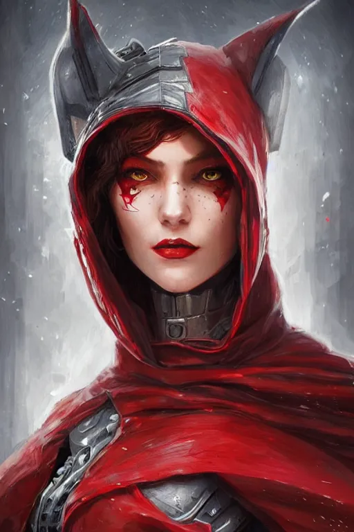 Image similar to cyborg red riding hood, d & d, fantasy, portrait, highly detailed, headshot, digital painting, trending on artstation, concept art, sharp focus, illustration, art by artgerm and greg rutkowski and magali villeneuve