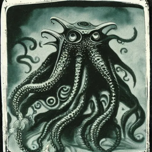Prompt: a daguerreotype of cthulhu rising from the ocean