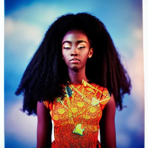 Prompt: head and shoulders portrait of an afrofuturism anime magical girl, color Graflex photograph