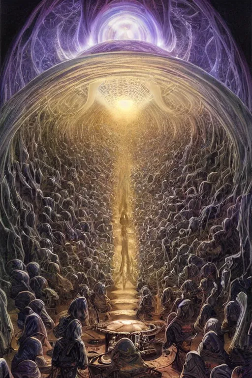 Image similar to a quantum computer!!!!!, surrounded by a dark cabal of hooded elven mystics with long robes gathered in a circular formation, michael whelan, dan seagrave, boris vallejo, quantum computer, quantum computer