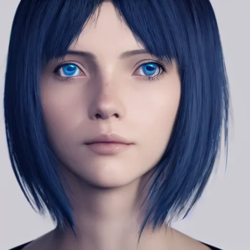 Image similar to « portrait, attractive, blue eyes, black hair, middle length hair, ghost in the shell, front view, unreal engine 5 »