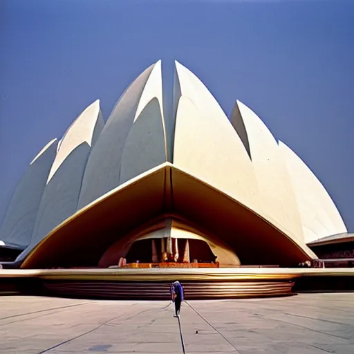 Image similar to futuristic lotus temple space station with gold, red and white marble panels, by zaha hadid and buckminster fuller and syd mead, intricate contemporary architecture, photo journalism, photography, cinematic, national geographic photoshoot