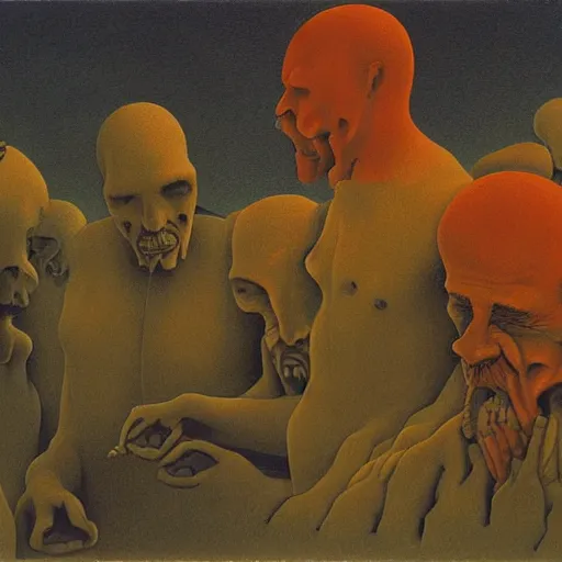 Image similar to a group of men having a beer by artist zdzisław beksinski