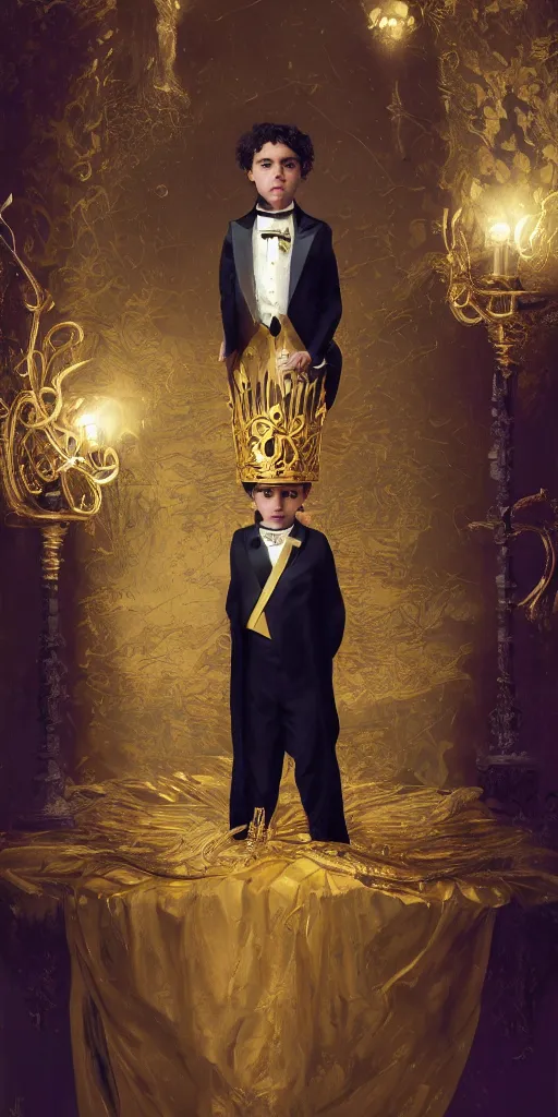 Image similar to young Camilo wearing a golden crown and a black tissue paper prince tuxedo by Prada. ethereal, fantasy, Lawrence Alma-Tadema, James Jean, oozium, peter morbacher, angelarium, alchemy, luxury, heavenly light, Soft illumination, Trending on artstation, Cinematic Lighting, very detailed, 3D, octane render, artgerm