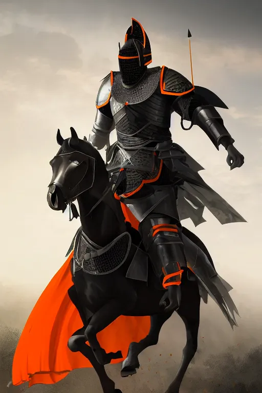 Image similar to a digital photograph of an african american knight in heavy black parmor with orange trim, wearing a black elegant cape flowing in the wind, the knight holds a black sword in one hand, the knight is riding a black horse with mechanized armor who is gallaping, extremely detailed, unreal engine, concept art, 8 k