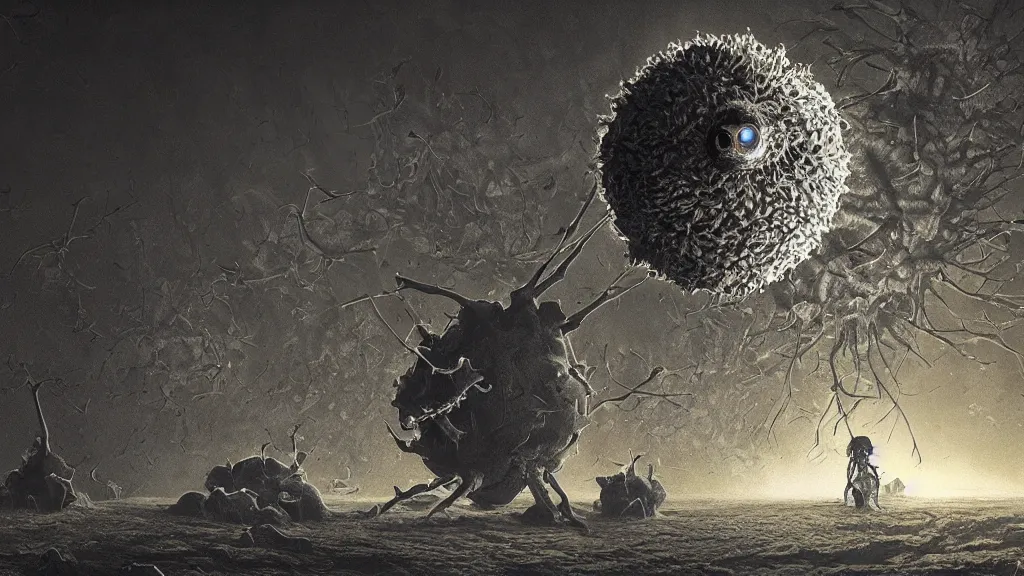 Prompt: a beautiful microscopic scientific photo of a coronavirus and a strange life form seen through an electron microscope, dark, sinister, detailed, art by Greg Rutkowski