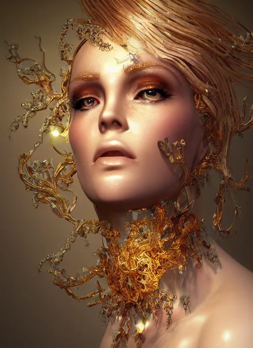 Prompt: beauteous practical sumptuous tattood beautiful face, crystal, gold, copper, bronze biomechanical with incredible iridescent pearlescent voluminous neon hair, crystalline masterpiece incrustations, hyperdetailed face, elegant pose, movie still, intricate, octane render, cinematic forest lighting, unreal engine, crepuscular rays, god rays