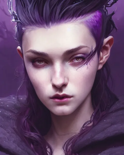Image similar to cinematic side portrait rugged girl, adventurer outfit large cloak, fantasy forest landscape, dragon scales in hair, fantasy magic, undercut hairstyle, short purple black fade hair, dark light night, intricate, elegant, sharp focus, illustration, highly detailed, digital painting, concept art, matte, art by WLOP and Artgerm and Greg Rutkowski and Alphonse Mucha, masterpiece