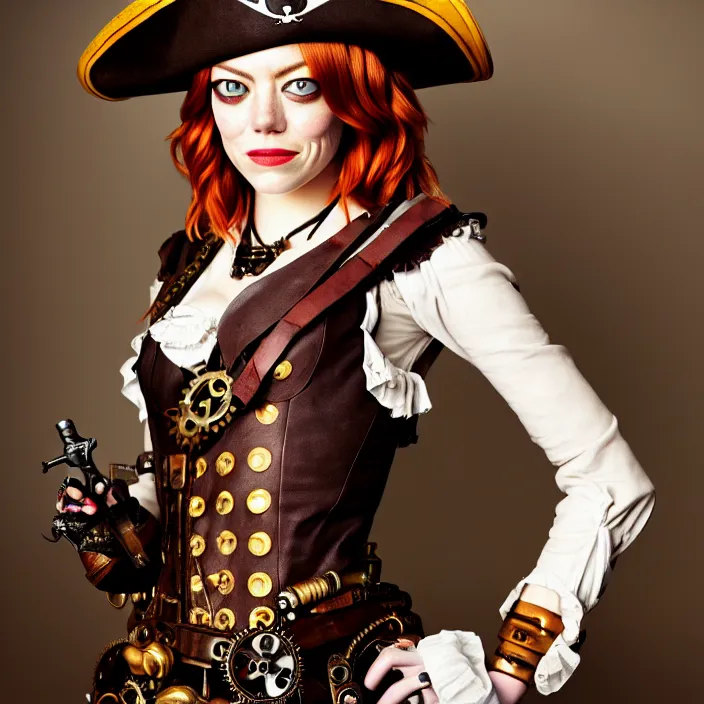 Image similar to full body photograph of emma stone as a steampunk pirate. Extremely detailed. 8k