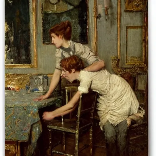 Image similar to a man and a woman solving an escape room puzzle alfred stevens