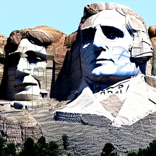 Image similar to a photo of mount rushmore after donald trump's face had been added. the photo depicts a distinguished - looking donald trump face carved into the stone at the mountain top