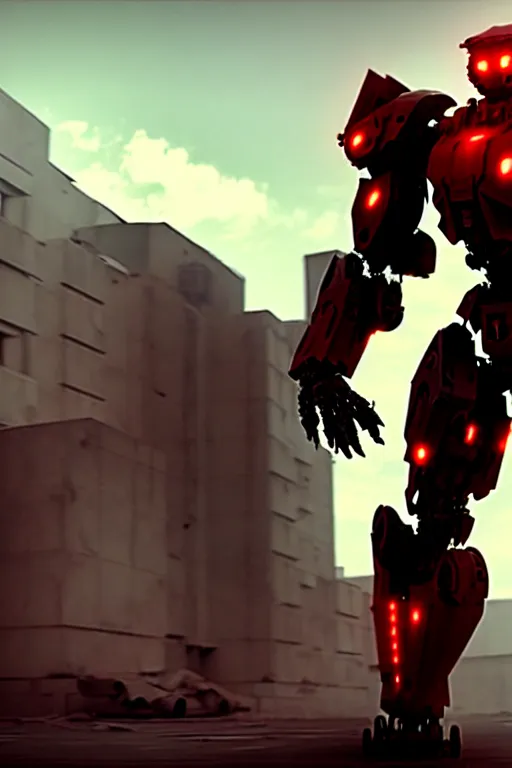 Image similar to a cinematic still from ruin city, full body red mech, armored core, intact humanoid servo, octane render, nvidia raytracing demo, masterpiece, aged armor plating, decipticon armor plating, aggressive head, endoekeleton exposure