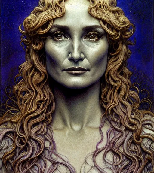 Image similar to detailed realistic beautiful young jessica lange as queen of mars face portrait by jean delville, gustave dore and marco mazzoni, art nouveau, symbolist, visionary, gothic, pre - raphaelite. horizontal symmetry by zdzisław beksinski, iris van herpen, raymond swanland and alphonse mucha. highly detailed, hyper - real, beautiful