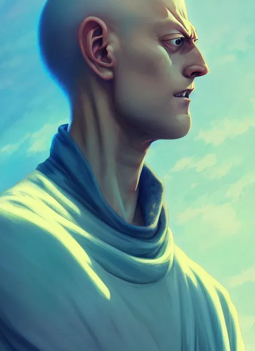 Image similar to handsome saitama, half body shot, path traced, highly detailed, high quality, digital painting, alena aenami, lilia alvarado, shinji aramaki, karol bak, alphonse mucha, tom bagshaw