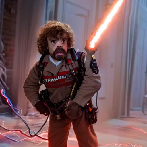 Image similar to stunning awe inspiring peter dinklage as a ghostbuster in the movie ghostbusters, movie still 8 k hdr atmospheric lighting