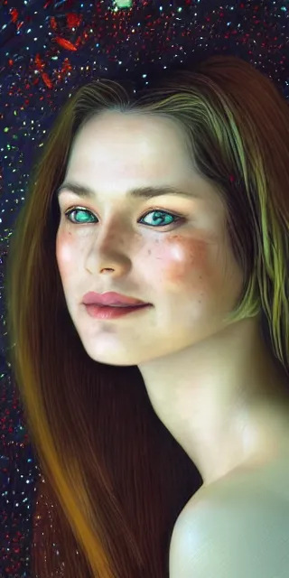 Image similar to infp young woman, smiling, amazed by golden fireflies lights, sitting in the midst of nature fully covered, long loose red hair, intricate linework, green eyes, small nose with freckles, oval shape face, realistic, expressive emotions, dramatic lights, spiritual scene, hyper realistic ultrafine art by cecco del caravaggio and albert bierstadt and artgerm