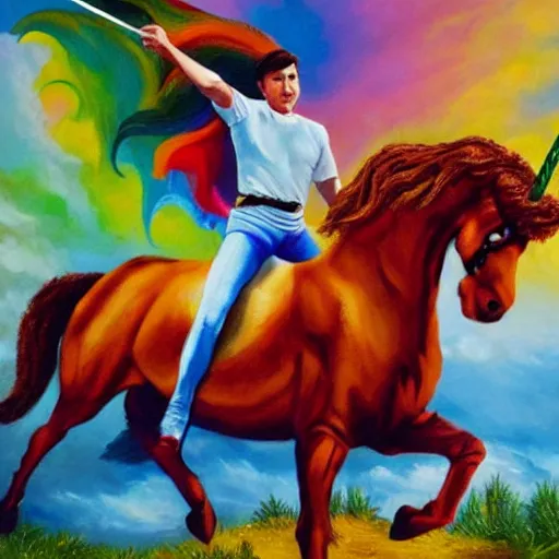 Image similar to wesley crusher riding a unicorn into battle impressionist oil painting fantasy 1 5