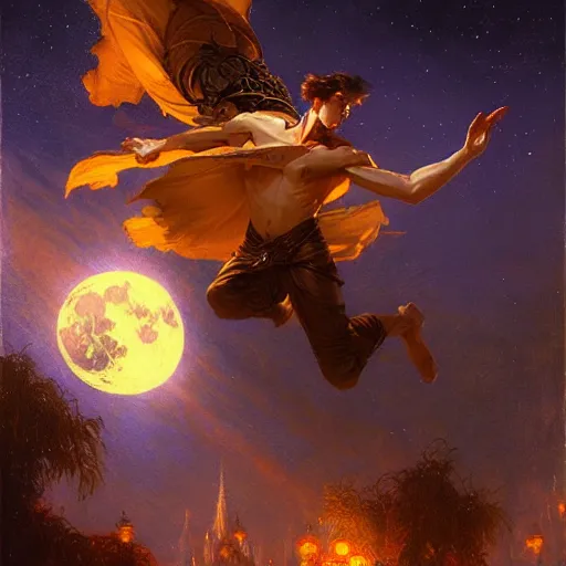 Image similar to attractive male witch magically flying trough the night, fantasy, full moon in background. highly detailed painting by gaston bussiere, craig mullins, j. c. leyendecker 8 k