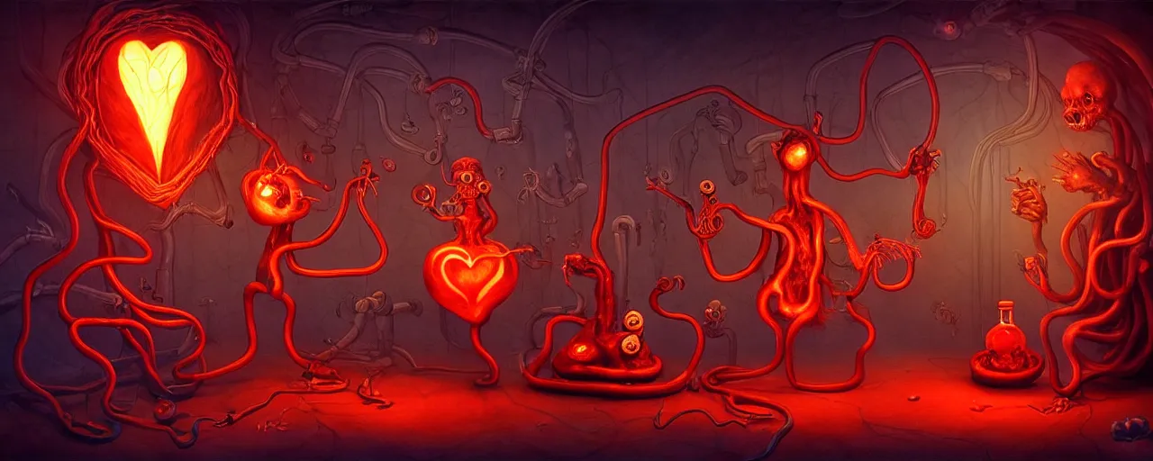 Image similar to whimsical weird chthonic alchemist creatures inside a visceral arterial alchemical lab within the left ventricle of a human heart, dramatic lighting fiery red lighting, surreal fleischer cartoon characters, surreal painting by ronny khalil