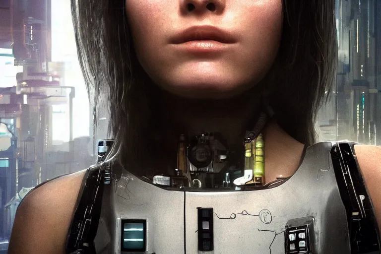 Image similar to cinematography closeup portrait of a cyborg girl in a cyberpunk apartment by Neil blomkamp