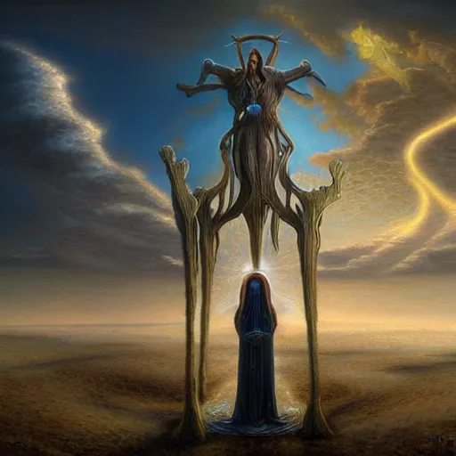 Image similar to The portal priestess by Tomasz Alen Kopera and Salvador Dali and moebius, impressive perspective, masterpiece, 8k, dynamic lighting, Highly Detailed, trending on artstation