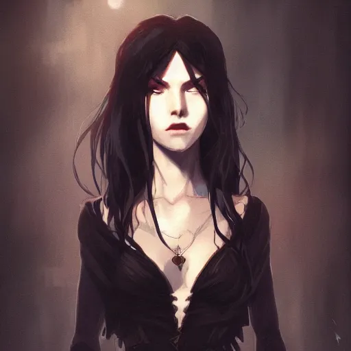 Image similar to female human vampire witch in the style of greg rutkowski, makoto shinkai, trending on artstation, character design, concept art, pretty face, highly detailed, long black hair, portrait, digital art