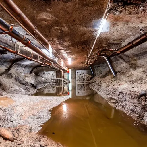 Image similar to underground copper mine, flooded, dirty water, rusty pipes