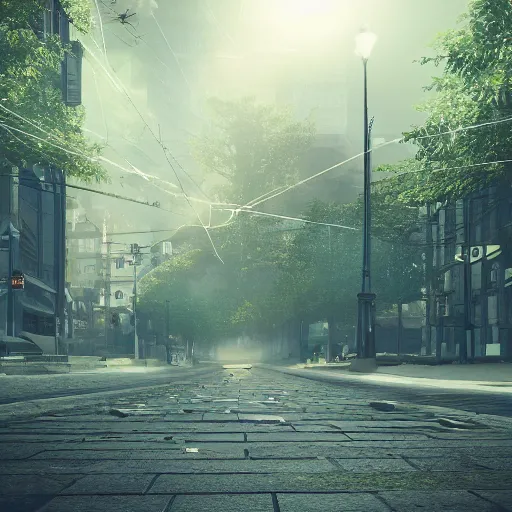 Prompt: a beautiful high - quality photo of a large spider walking through a solarpunk city, roads, pavements, trees, volumetric lighting, hyperrealistic, 8 k