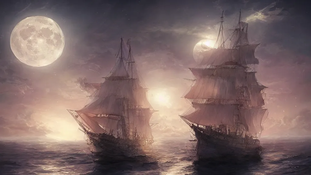 Prompt: Beautiful sailing ship in the moon light with backlight ” Beautiful Dreamscape, Digital art, concept art, detailed, lovely colors, Art station,3-D 4K, beautiful background, matte painting, ,