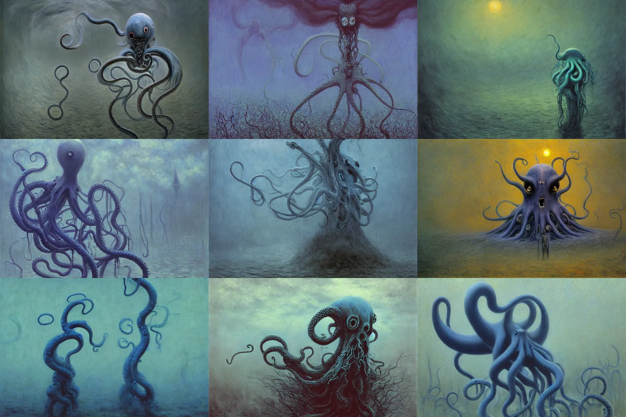 Prompt: gloomy eerie photo of tentacruel. blue cartoon pokemon animal. zdislaw beksinski, yoshitaka amano, creepy, horror, beautiful painting by claude monet 8 k