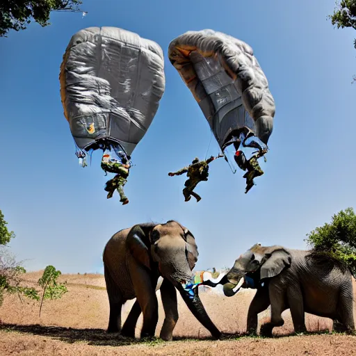 Prompt: photo of elephant paratroopers parachuting behind enemy lines
