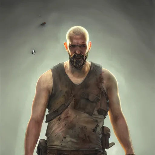 Prompt: epic portrait A man smoking a cigar and shooting zombies with a shotgun, white tank top, beard, buzzcut, apocalyptic, digital painting, artstation, concept art, soft light, hdri, smooth, sharp focus, illustration, fantasy, intricate, elegant, highly detailed, D&D, matte painting, in the style of Greg Rutkowski and Alphonse Mucha and artemisia, 8k, highly detailed, jurgens, rutkowski, bouguereau, pastoral, rustic, georgic