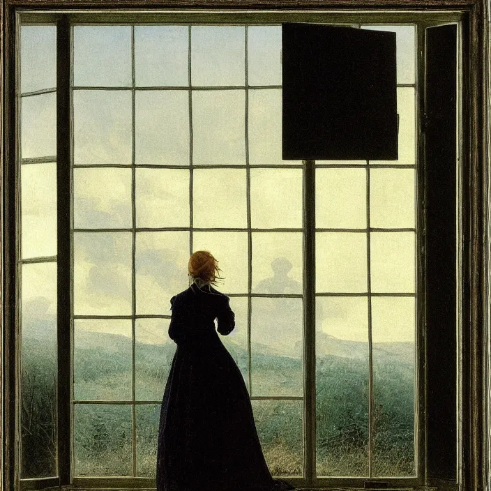 Prompt: painting of a broken window with a beautiful white woman on the outside by caspar david friedrich, at night