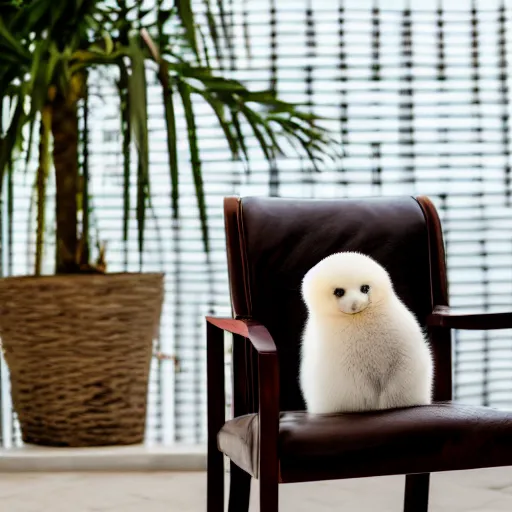 Image similar to a baby harp seal holding a box marked top secret in red letters, sitting on a beautiful leather chair at a luxury resort, palm trees outside the windows, panasonic, photo, gentle bokeh