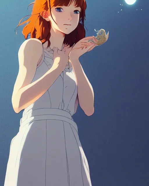 Image similar to young southern woman, freckle, ginger hair, sad cerulean eyes, simple cream dress, detailed perfect face, exquisite details, fire magic, mid view, design on a white background, by studio muti, greg rutkowski makoto shinkai takashi takeuchi studio ghibli