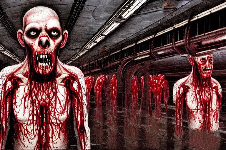 Image similar to very large giant mutant zombie irradiated angry rat sraying on railways in tonnel of moscow subway. extreme high detail, very realistic. low dark light, scary mood. hermann nitsch