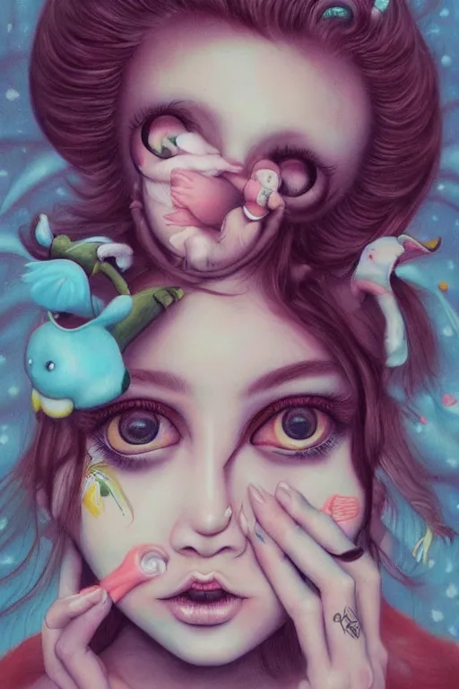 Image similar to pop surrealism, lowbrow art, realistic cute girl painting, japanese street fashion, hyper realism, muted colors, trevor brown style