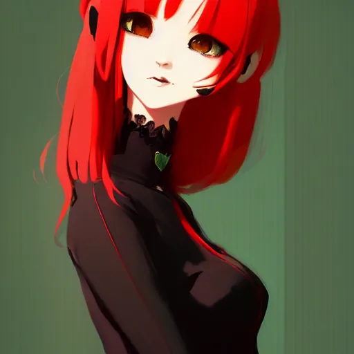 Image similar to elegent girl with red hair and green eyes, wearing a camisole, red and black color palette, in the style of and ilya kuvshinov and greg rutkowski, high quality anime artstyle, intricate