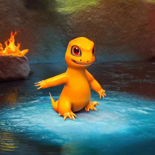 Image similar to a charmander made of water, ultra realistic, concept art, intricate details, highly detailed, photorealistic, octane render, 8 k, unreal engine, art by boris vallejo