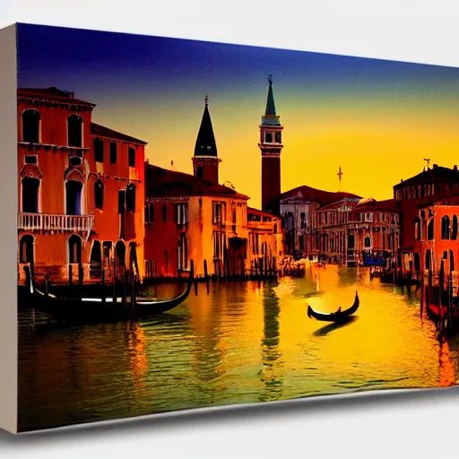 Image similar to A beautiful backlight sunset scene of historic Venice with gondola and reflective water in the style of Johannes Vermeer