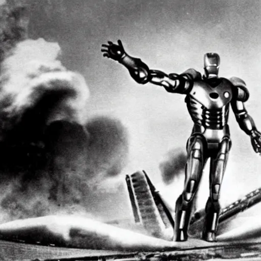 Image similar to iron man during the hindenburg disaster, grainy photo