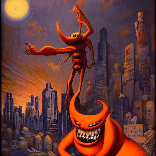 Image similar to by ernie barnes, by nicolas mignard flickr, cinnabar cosy, rigorous. a beautiful painting of a large, orange monster looming over a cityscape. the monster has several eyes & mouths, & its body is covered in spikes. it seems to be coming towards the viewer, who is looking up at it in fear.