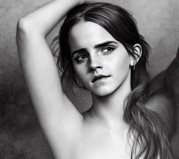 Image similar to photography of emma watson with hands - up and hairy armpits, deep focus, intricate, elegant, highly detailed, digital painting, artstation, concept art, matte, sharp focus, illustration, art by artgerm and greg rutkowski and alphonse mucha and gil elvgren