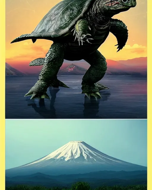 Image similar to full body photos of Gamera, the giant Turtle kaiju monster with Mount Fuji in the background, cinematic style, atmospheric, Japan, hyperreal