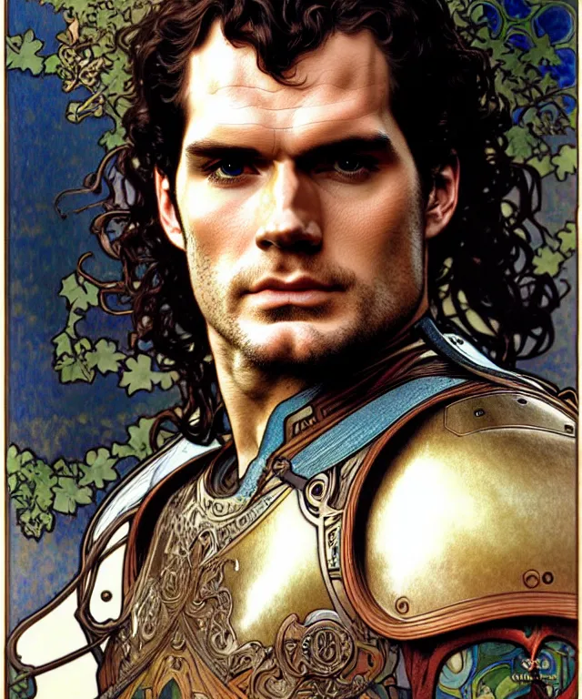 Prompt: realistic detailed head and shoulders portrait of henry cavill in knight's armor by alphonse mucha, ayami kojima, amano, greg hildebrandt, and mark brooks, male, art nouveau, neo - gothic, gothic